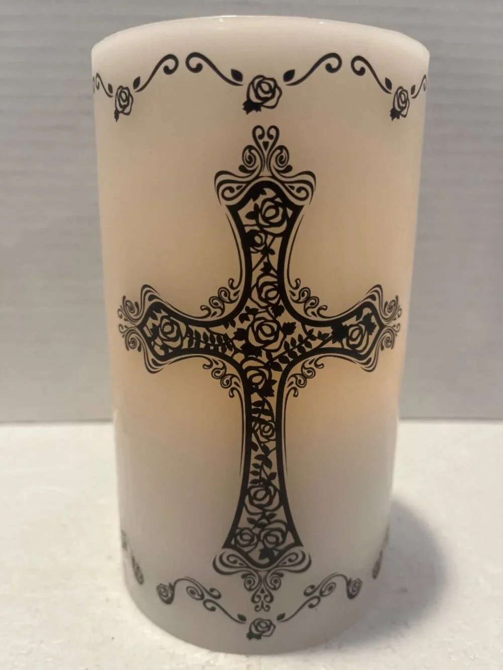 Decorative LED Flameless Candle With Black Cross Design & Timer Function